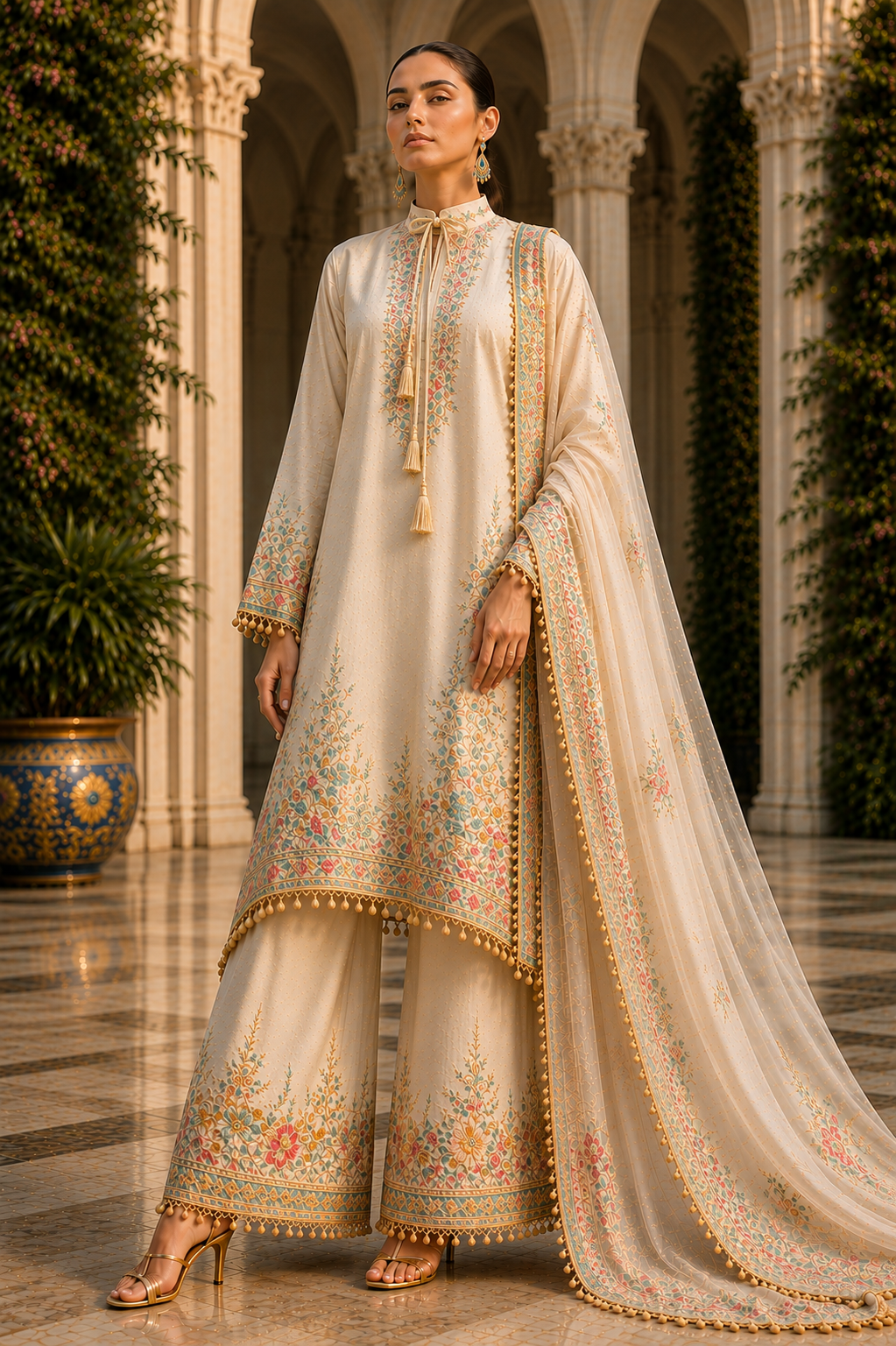 Model in an ivory embroidered LIMA kurta and palazzo set