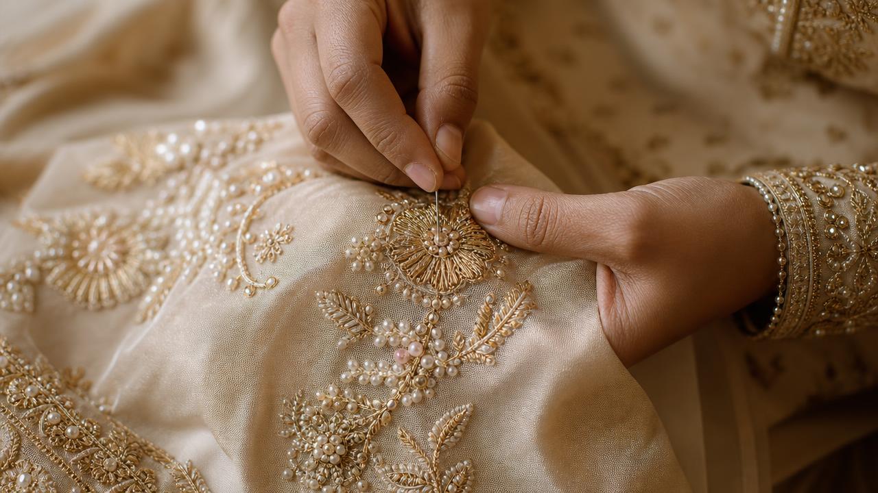 Artisan hands embroidering a LIMA garment with gold thread and pearls