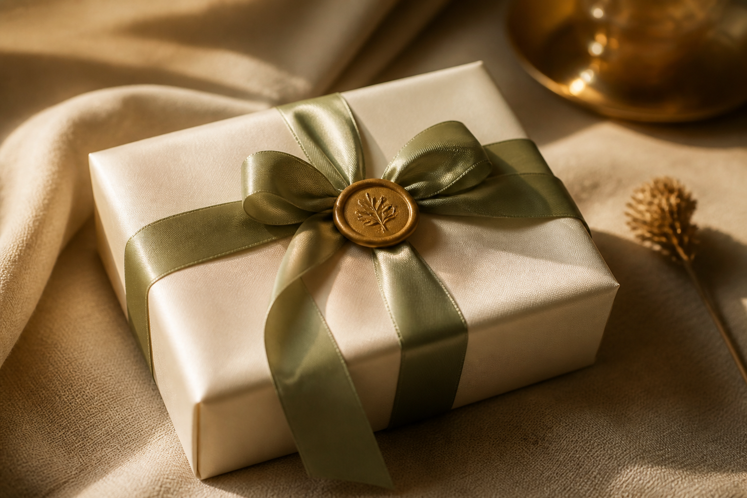 A cream LIMA gift box tied with a sage ribbon and gold wax seal