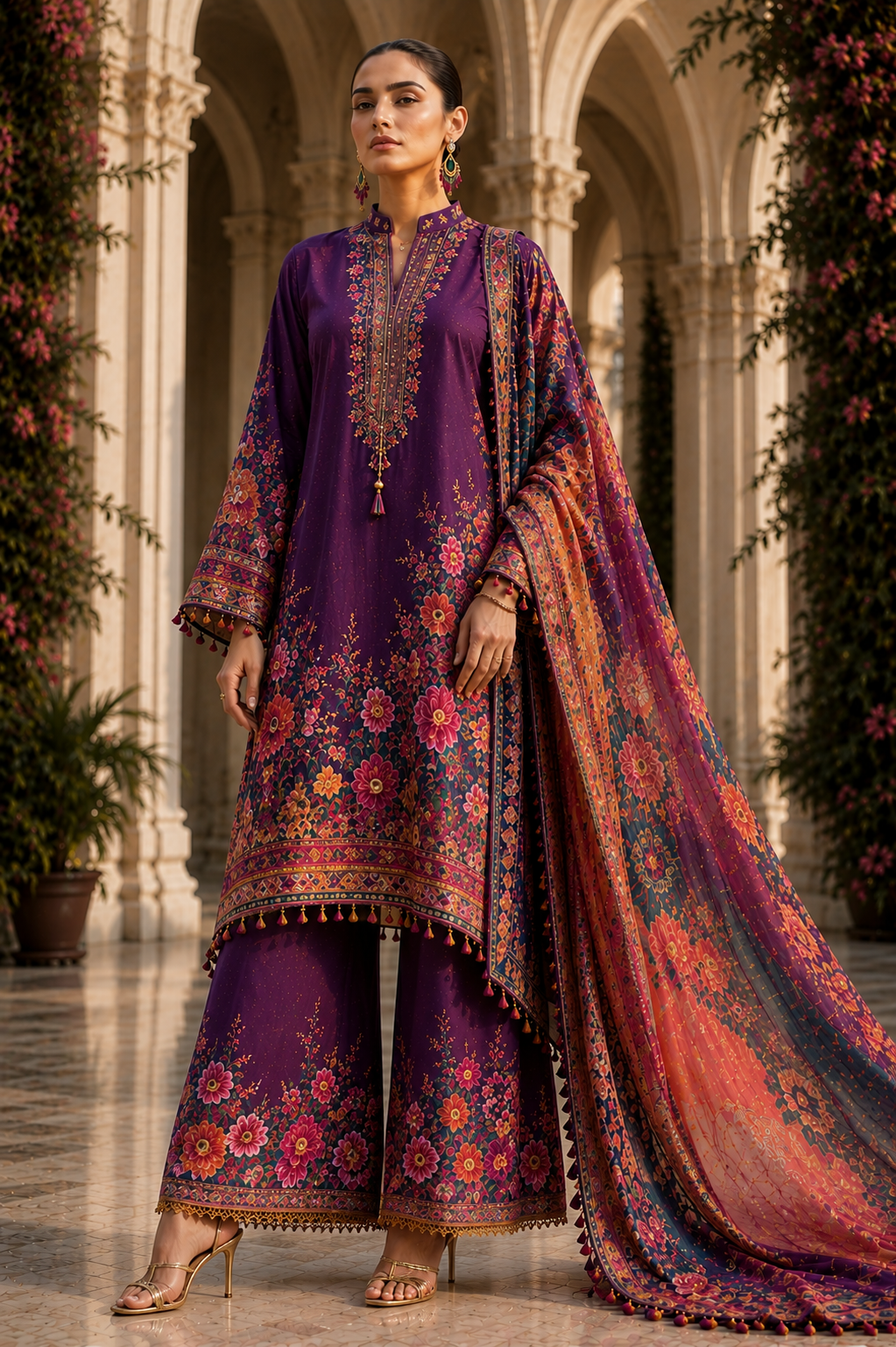 Model in a purple floral LIMA ensemble with printed dupatta