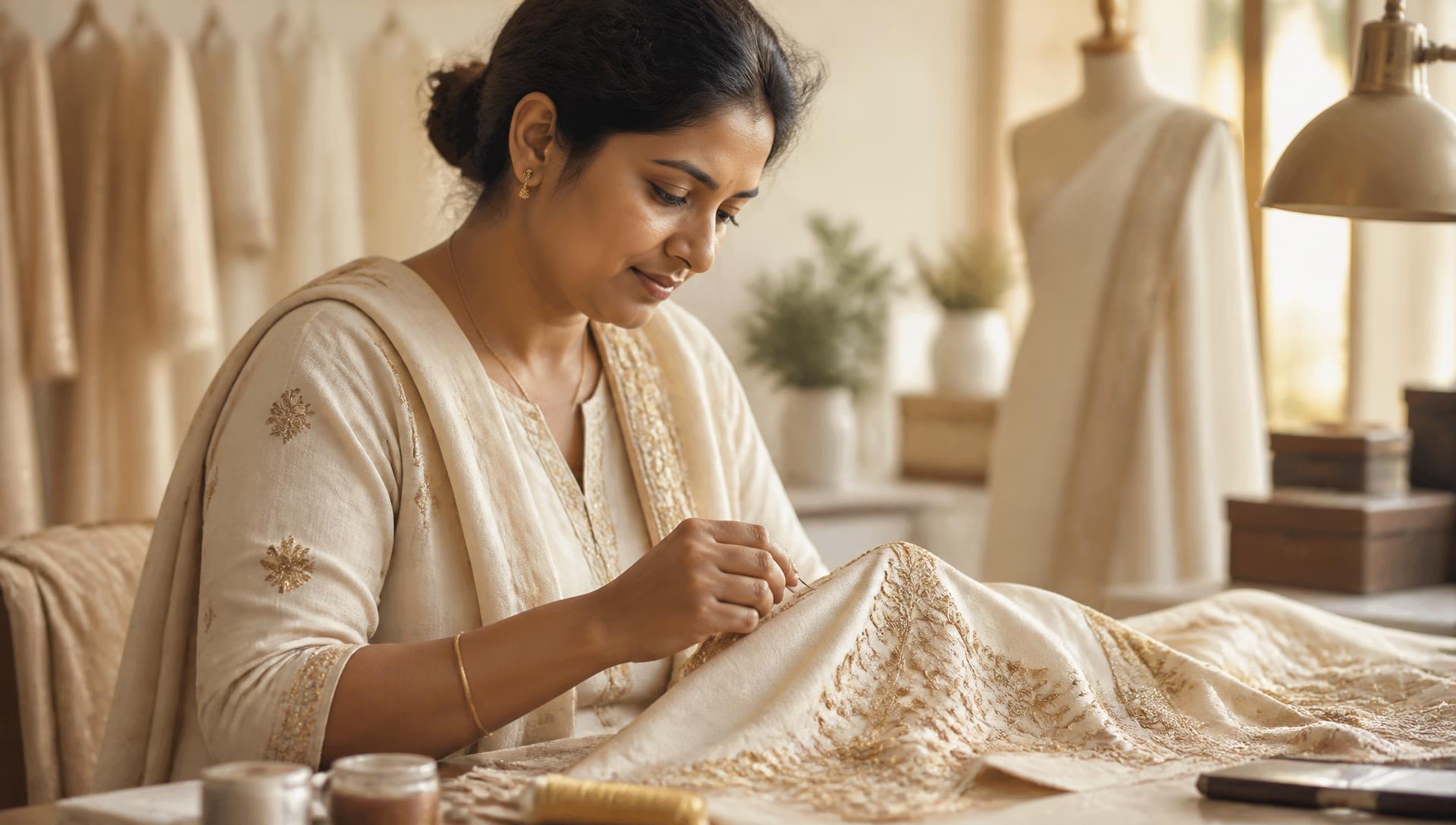 A skilled LIMA artisan hand-finishing an embroidered garment in a thoughtful workspace