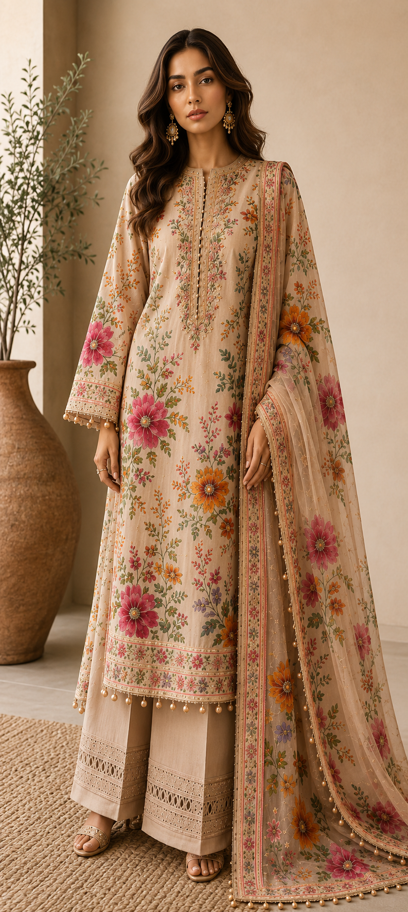 Model in a blush floral LIMA formal ensemble
