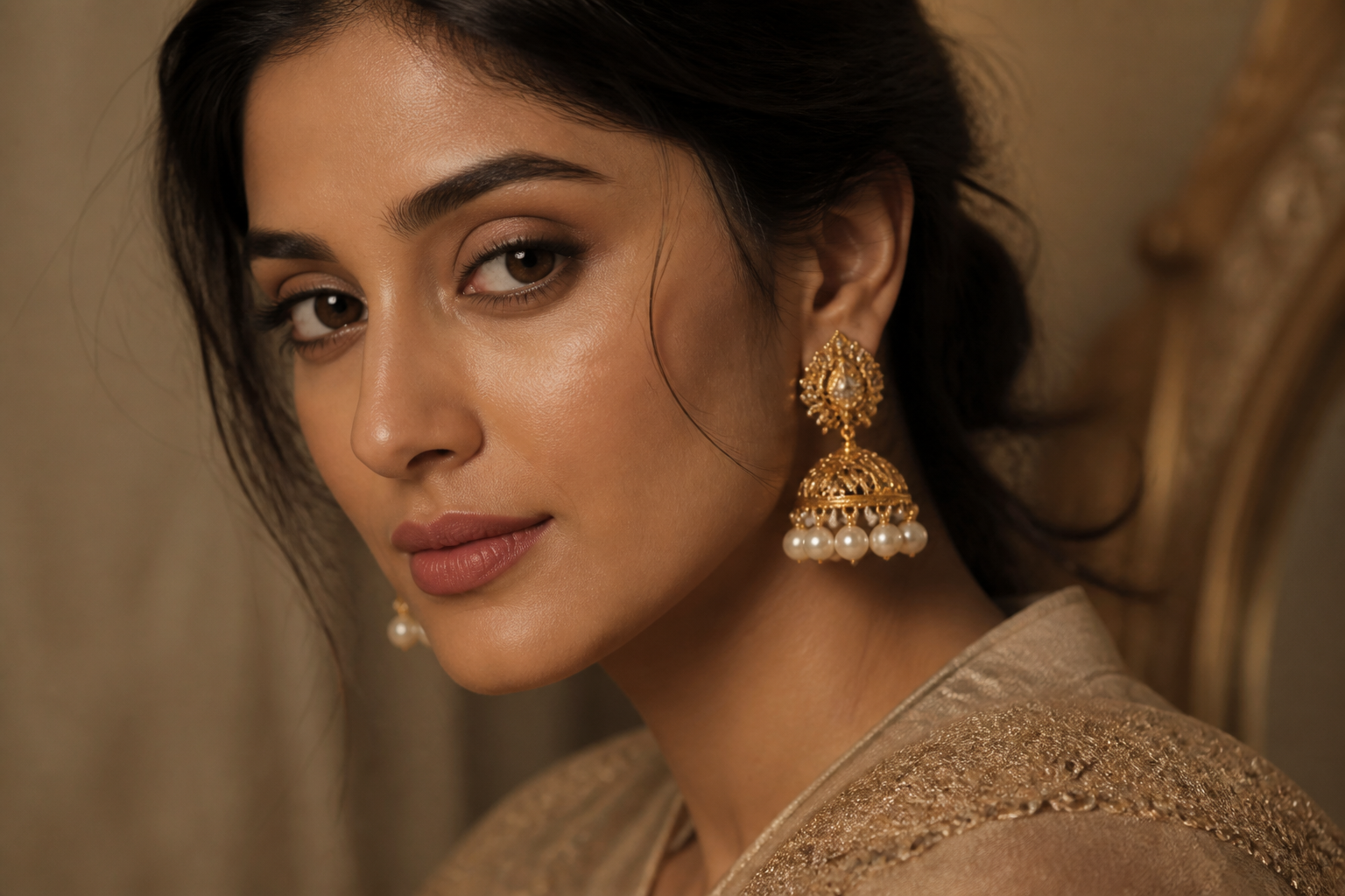 Model wearing gold jhumka earrings from the LIMA jewellery collection