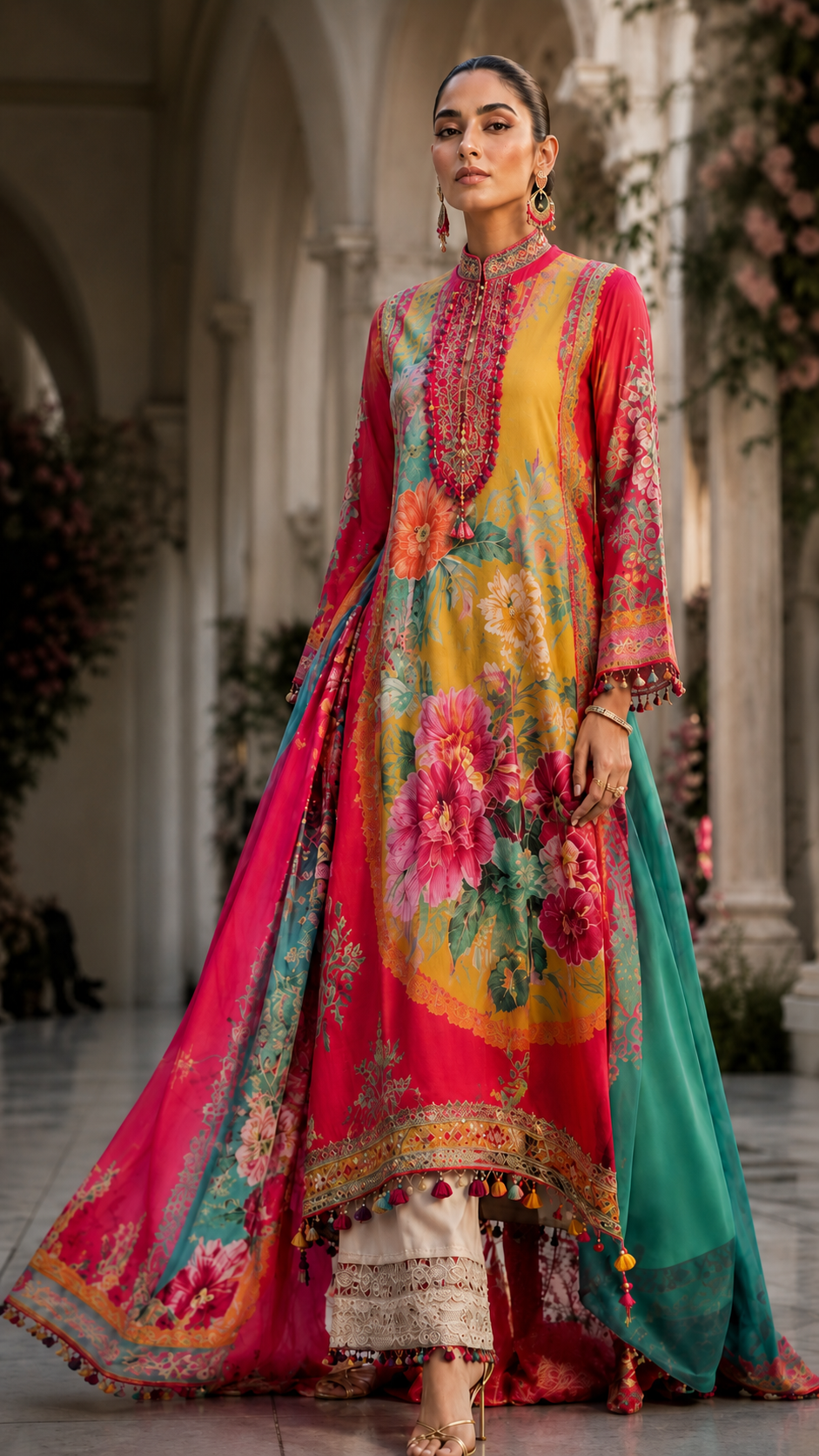 Model in a vibrant floral LIMA ensemble