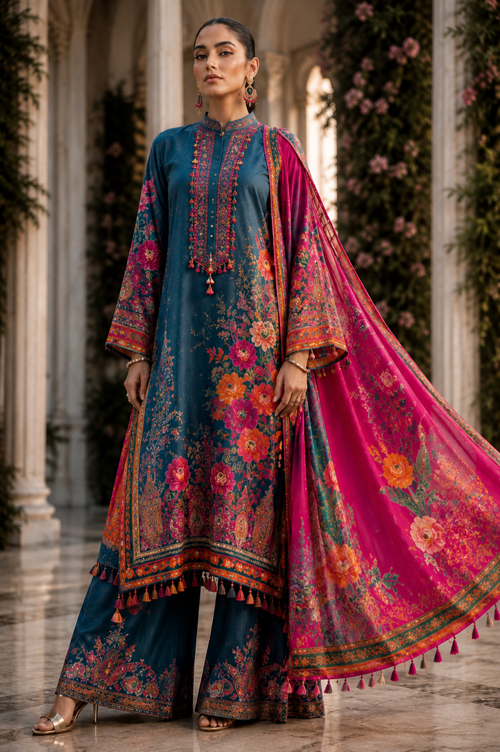 Model in a teal floral LIMA ensemble with fuchsia dupatta
