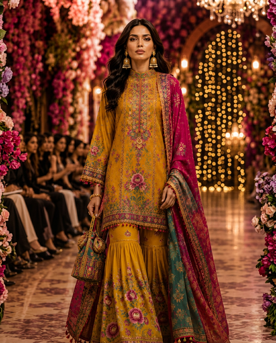 Model in a mustard embroidered LIMA outfit with ruby dupatta