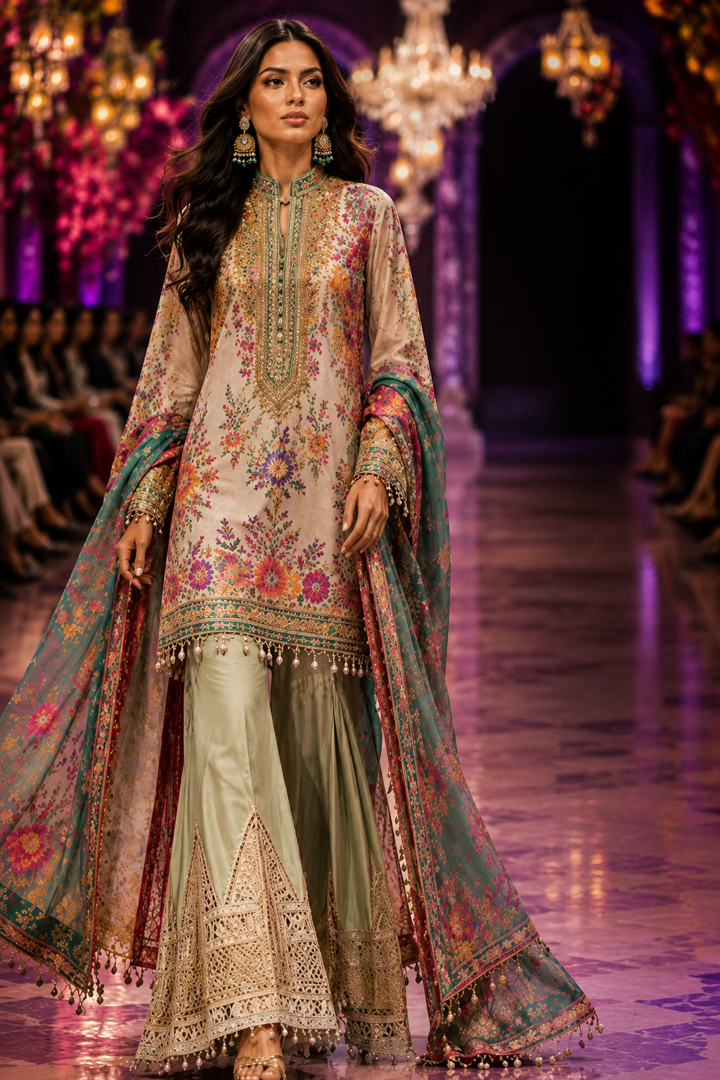 Model in an ornate floral LIMA runway ensemble