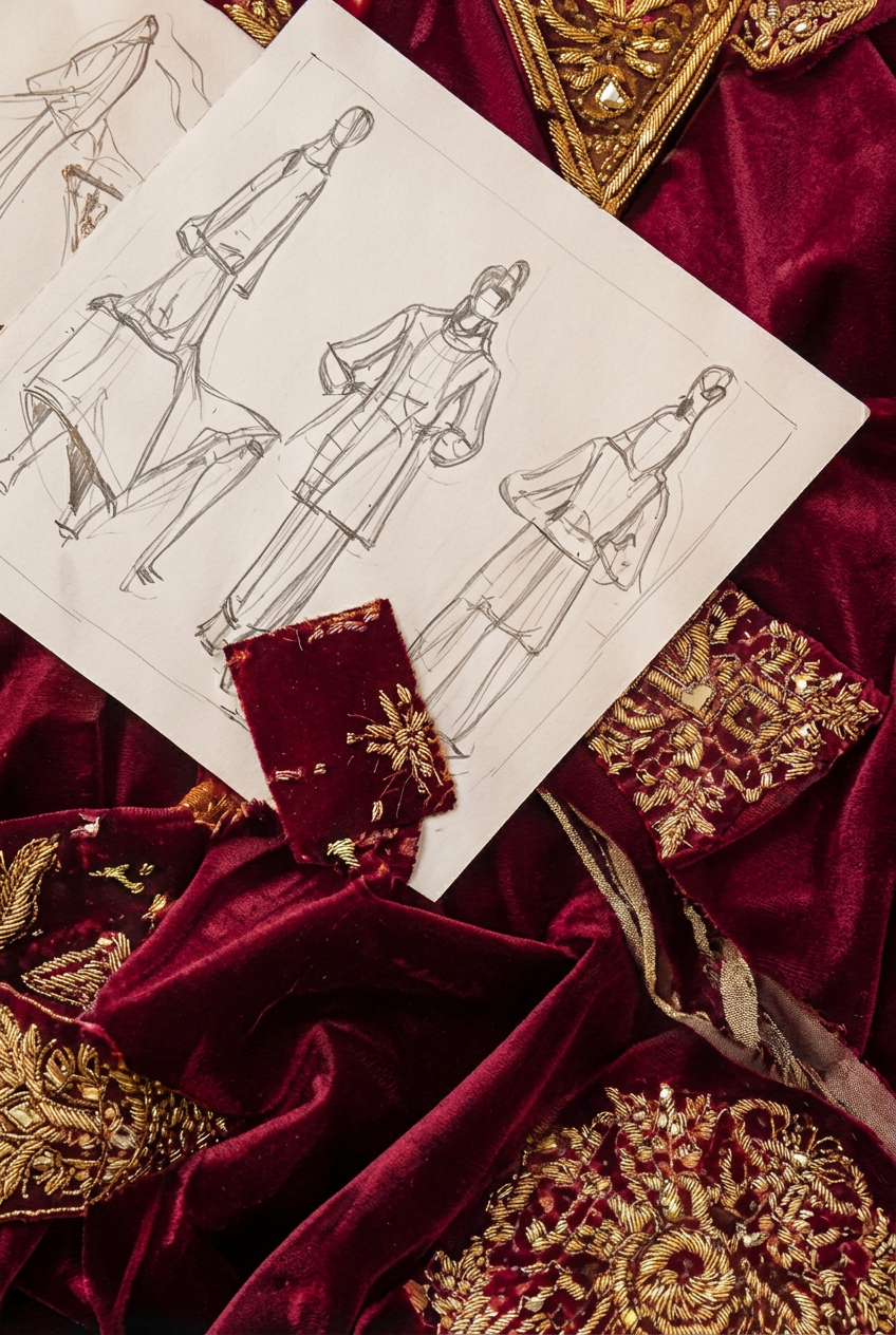 Fashion sketches with velvet and embroidery
