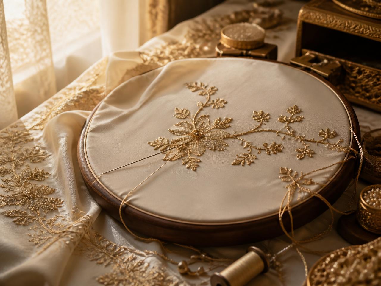 Hand-embroidered silk with gold zardozi work in the LIMA atelier