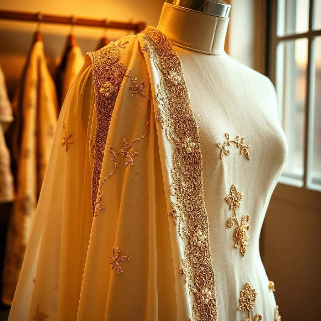 Gold embroidery, pearls and hand-finished detailing on LIMA couture fabric