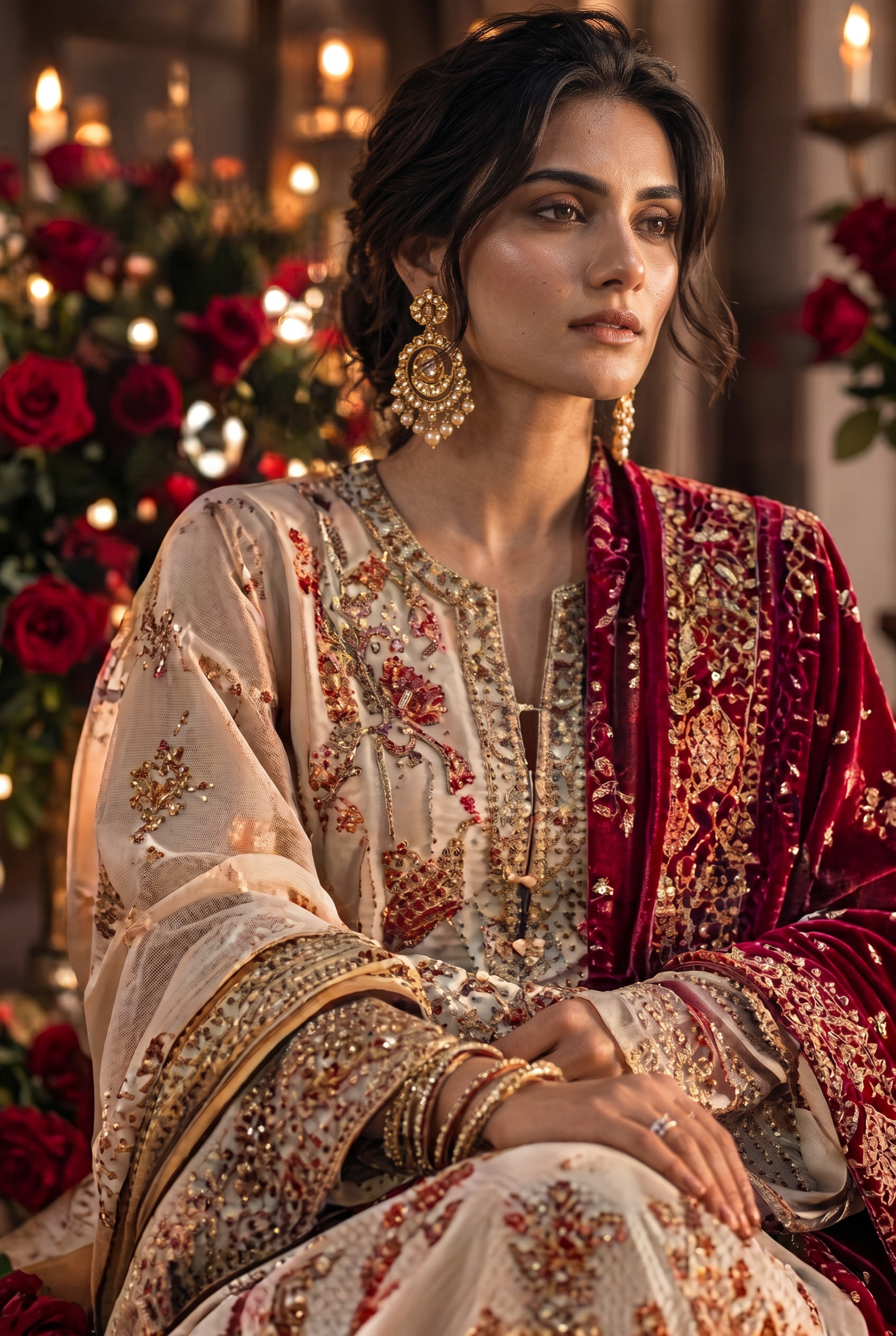 Model in celebratory festive dressing
