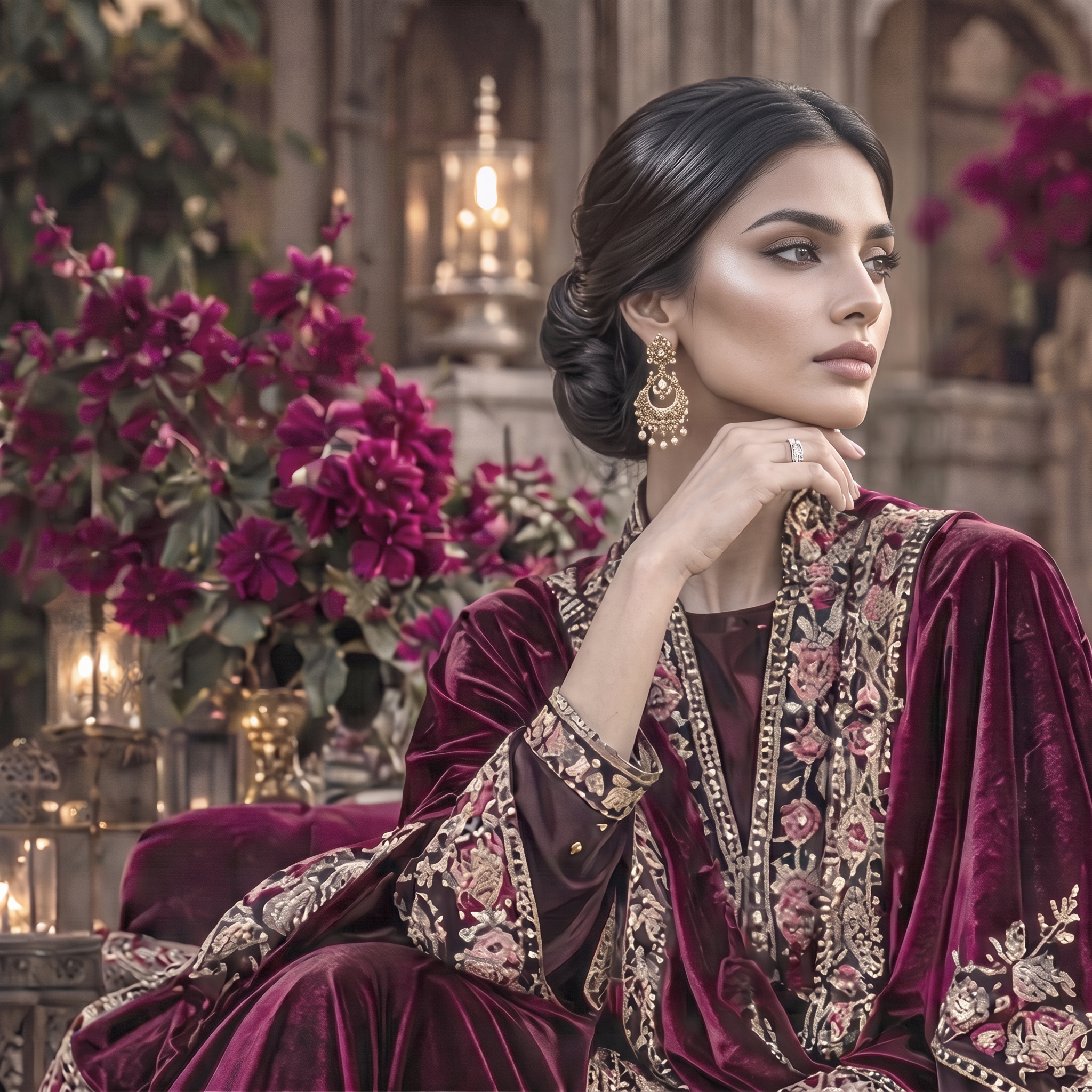 Model in rich velvet with dramatic gold embellishment