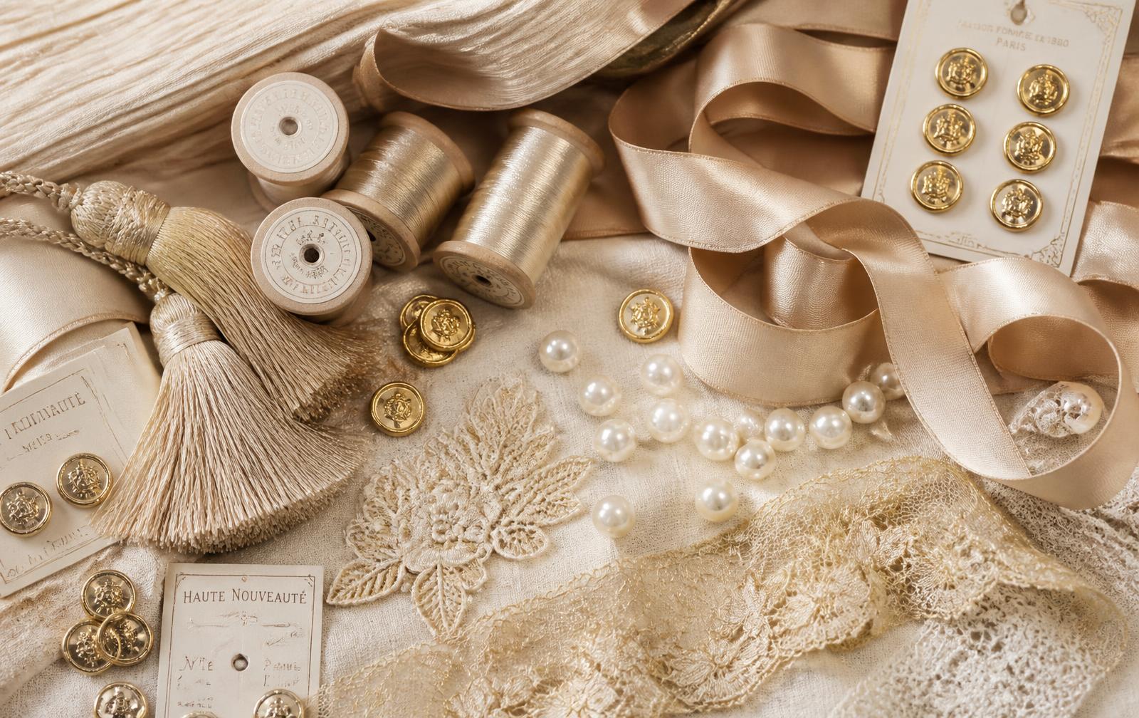 Spools of silk thread, gold buttons, tassels, ribbons and lace trims on cream fabric