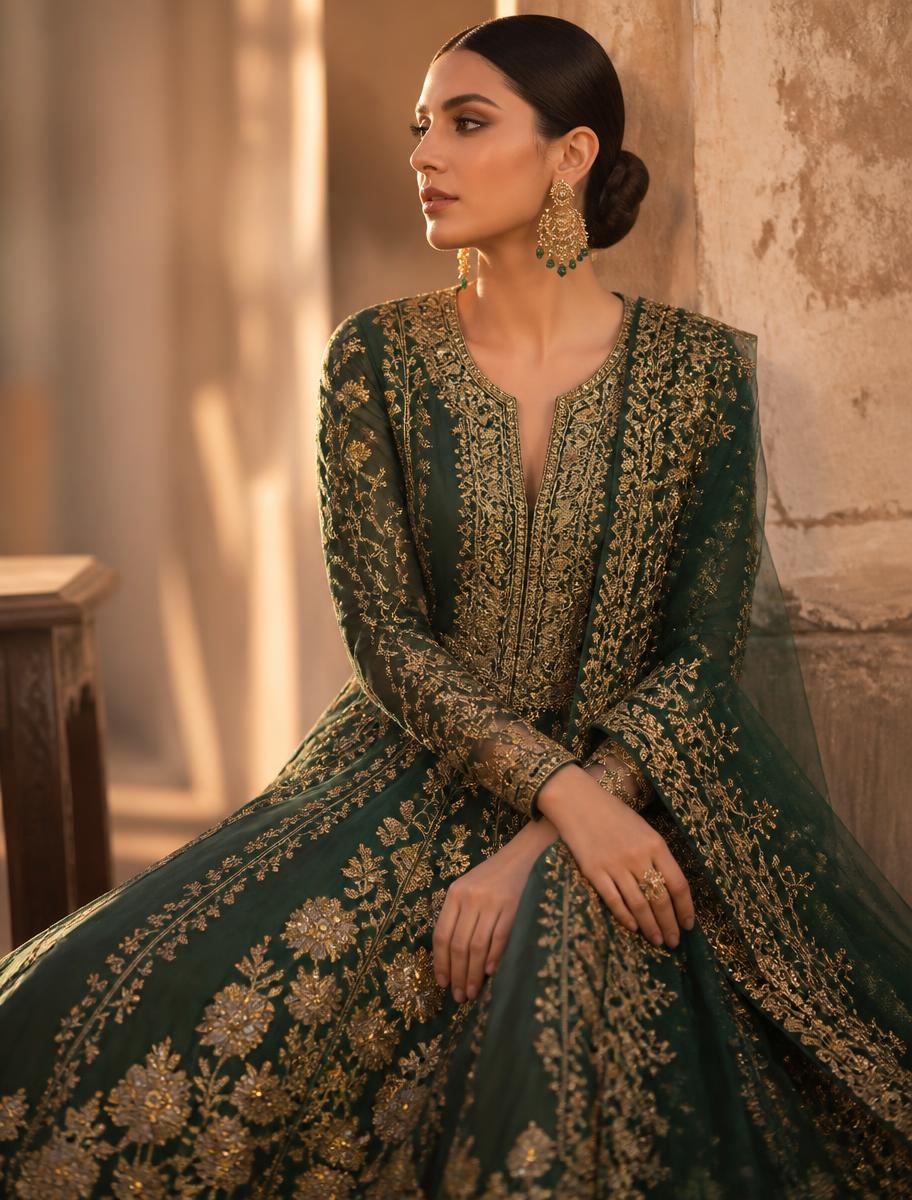 Model in a deep emerald zardozi embroidered LIMA gown