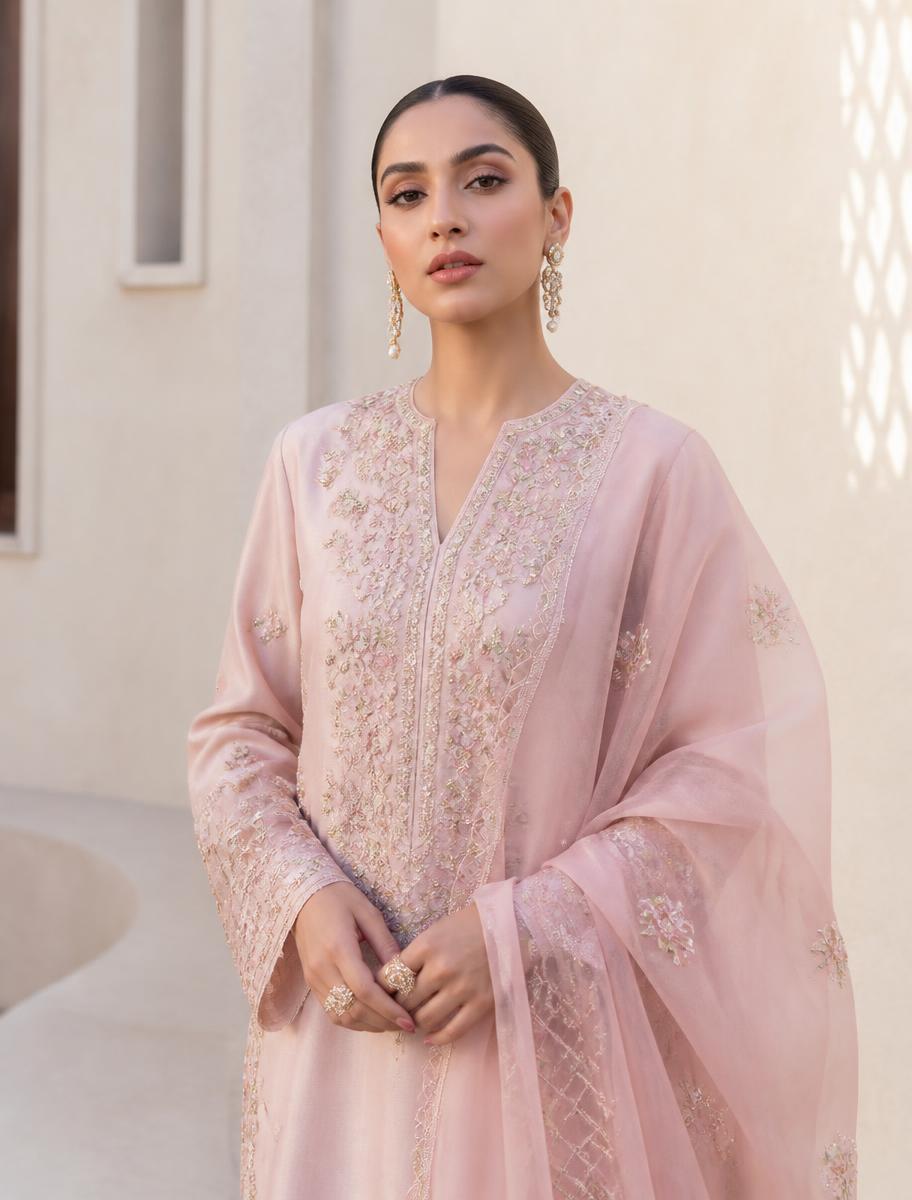 Model in a blush pink hand-embroidered LIMA kameez with dupatta