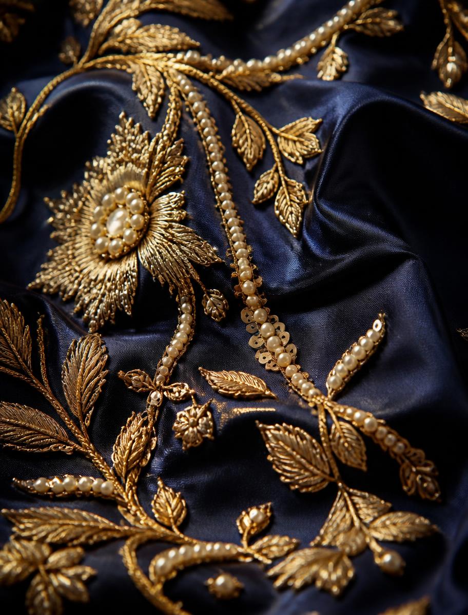 Close-up of gold zardozi embroidery with pearls on midnight navy silk