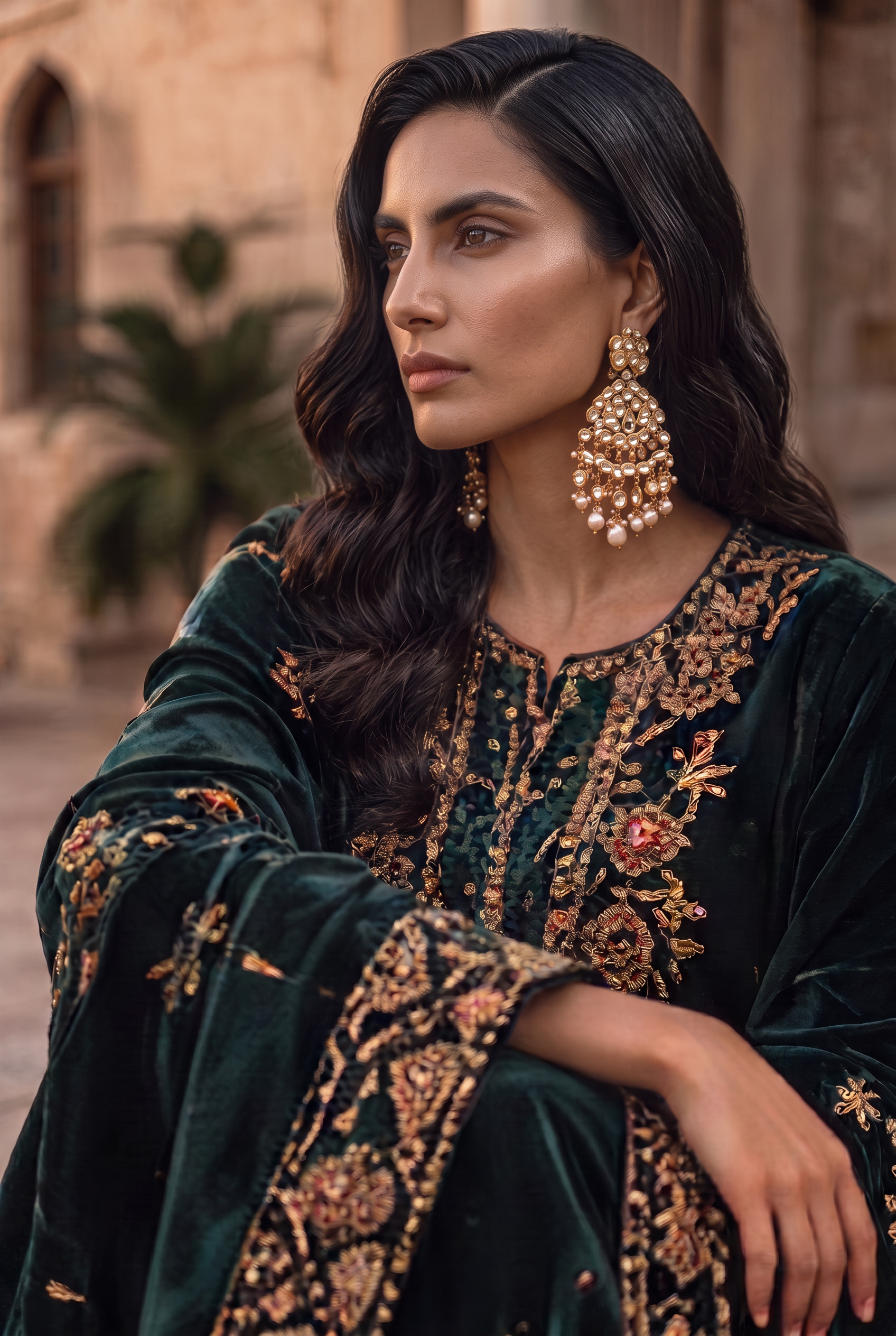 Model dressed for an evening occasion in jewel tones