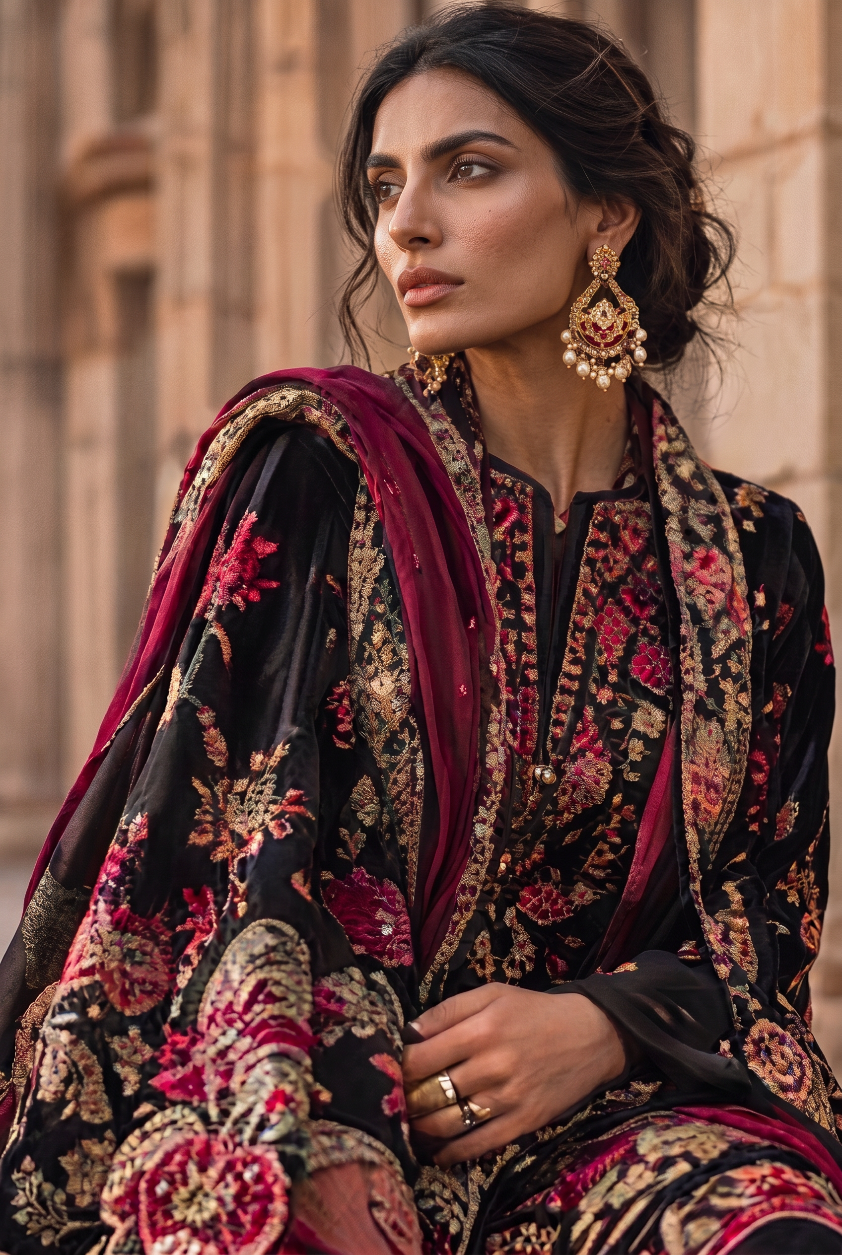 Model in a richly embroidered autumn ensemble
