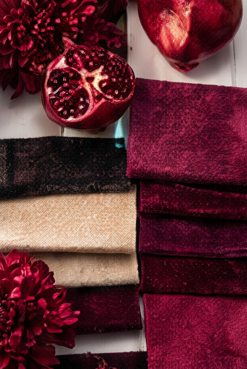 Crimson, wine and oxblood fabrics with pomegranate