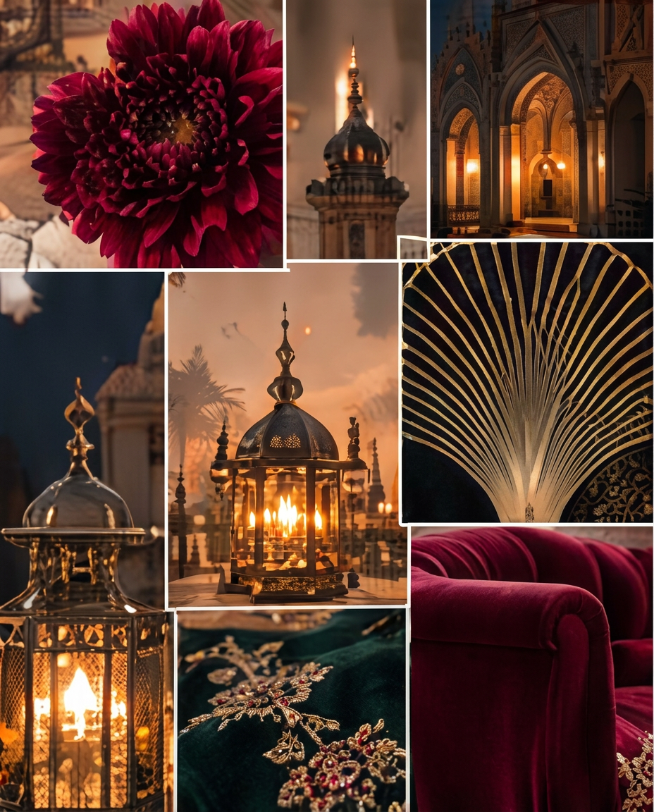 AW26 moodboard of florals, lanterns and velvet